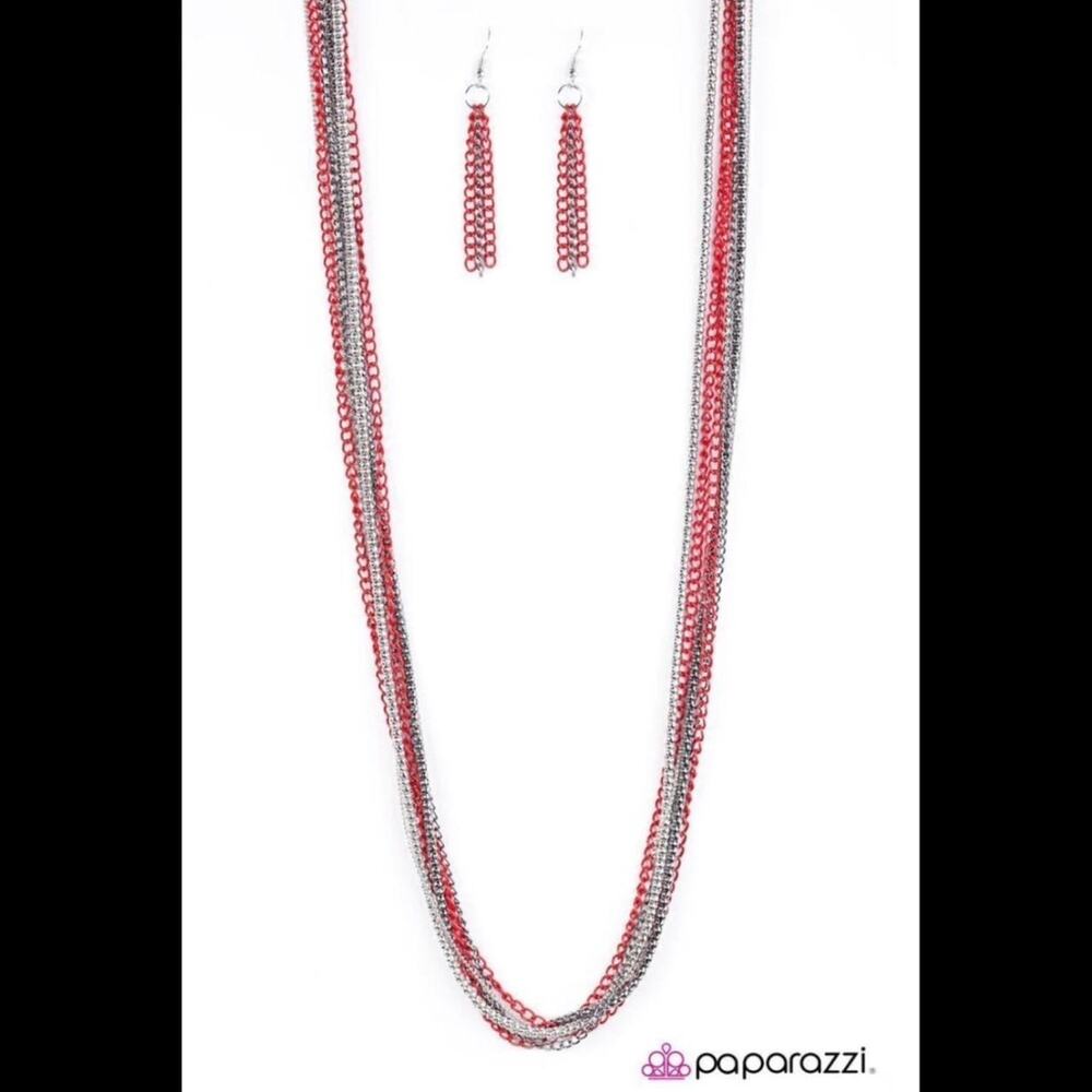Paparazzi Colorful Calamity Red, Gunmetal and Silver Necklace Set